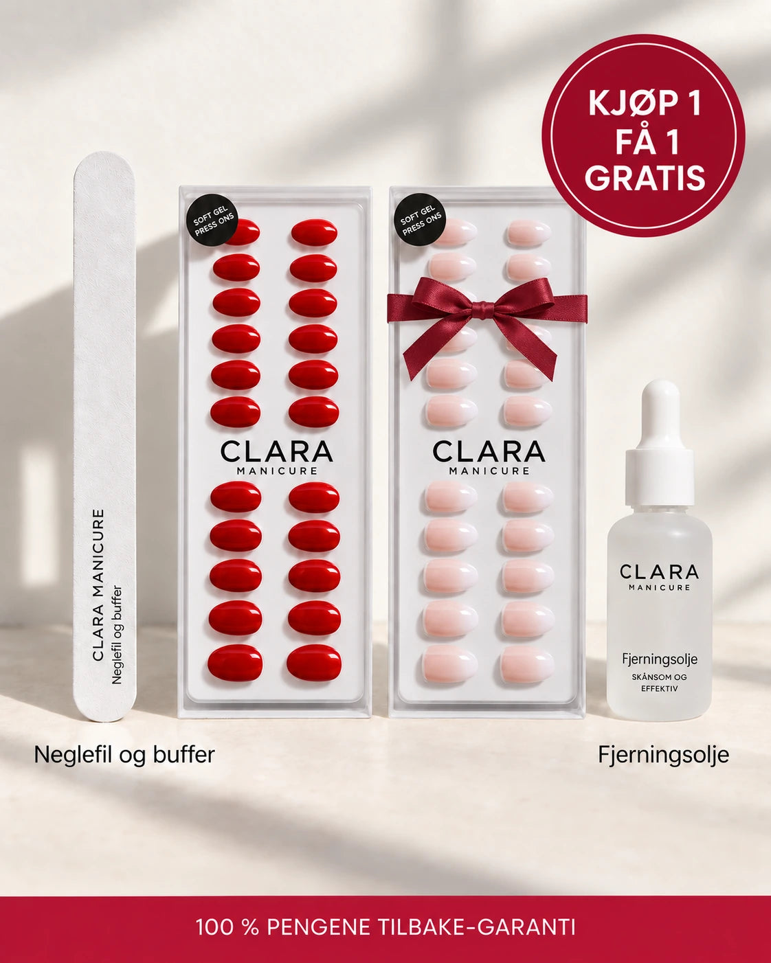 Clara Manicure startsett – kjøp 1, få 1 gratis, med to negledesigner, neglefil og fjerningsolje.